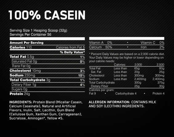 optimum casein protein - informacao nutricional